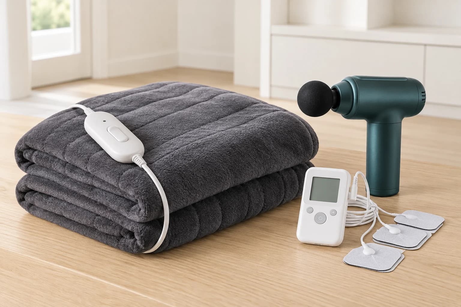 A warming blanket, massage gun, and TENS therapy unit arranged for home care
